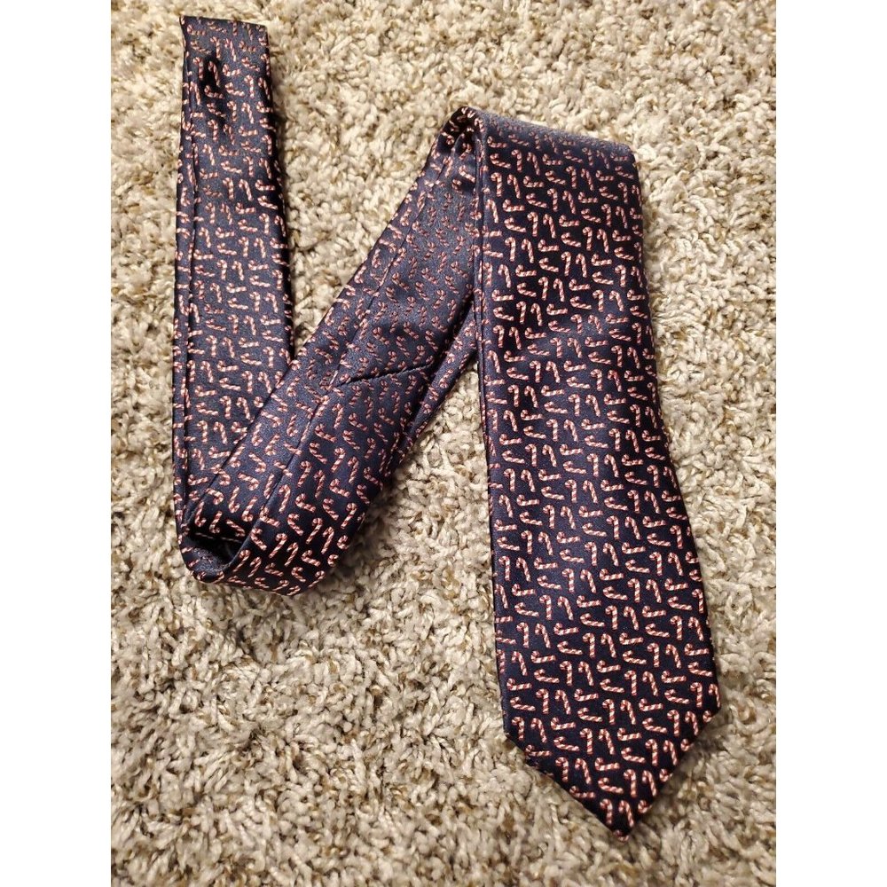 Club Room navy blue Christmas Candy Cane Printed Men's Necktie - Picture 7 of 8